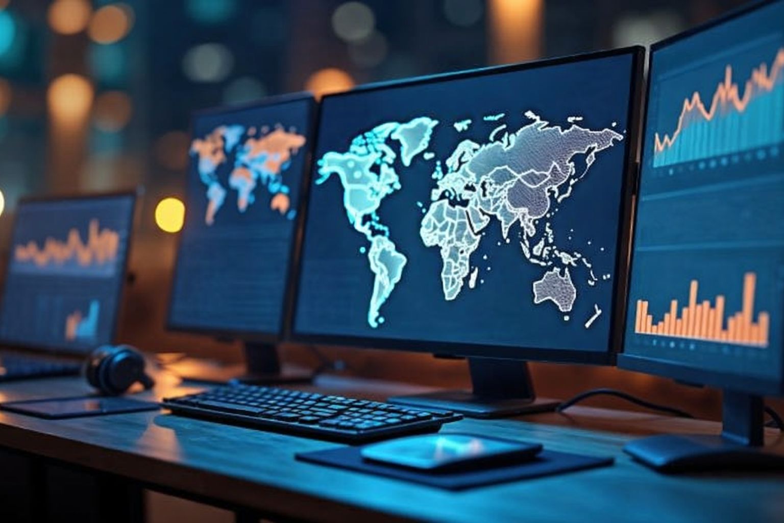 Computermonitore zeigen Weltkarte und Logistikdaten, passend zu Sendify in Deutschland.